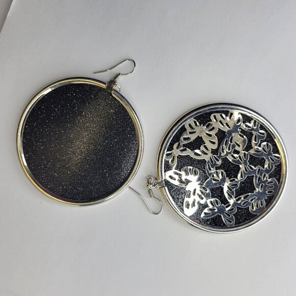 Black and Silver Glitter Butterfly Earrings Round Butterfly Earrings - Picture 3 of 3